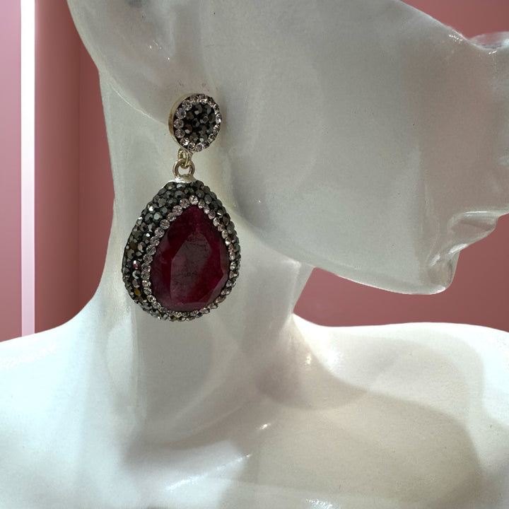 Gold-plated Turkish earrings adorned with rubies and Swarovski crystals