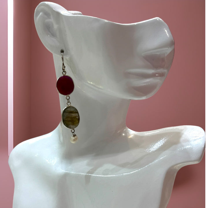 Silver Ruby-Labradorite with a touch of Freshwater pearl Earrings