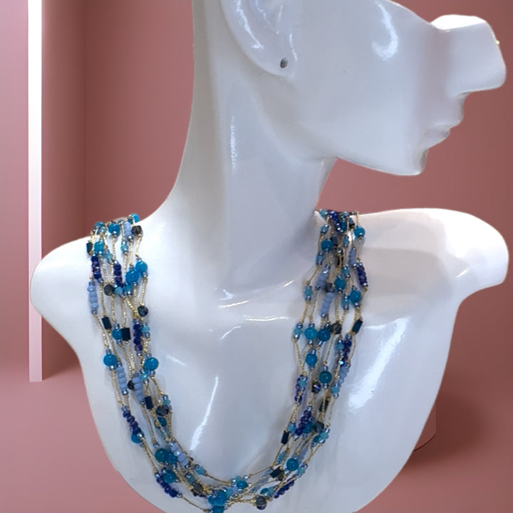 Luxe Aqua Crystals with Gold Silk Necklace