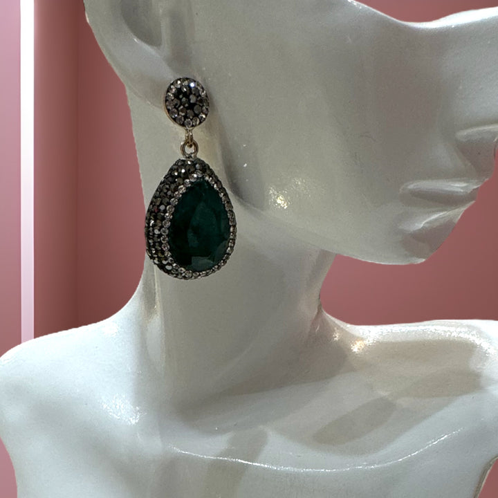 Turkish emerald green gem earrings embellished with Swarovski crystals.