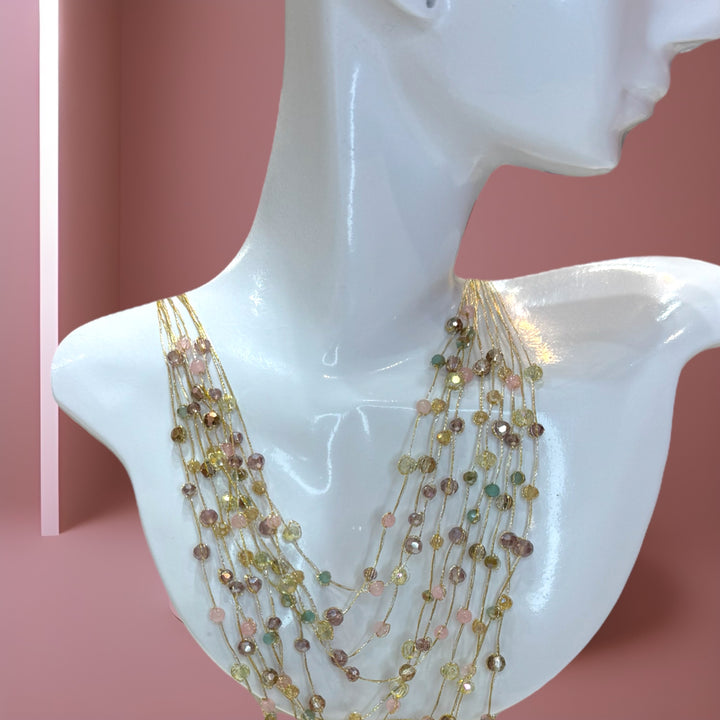 Luxe, delicate, multicolored semi-precious stones gold silk necklace.