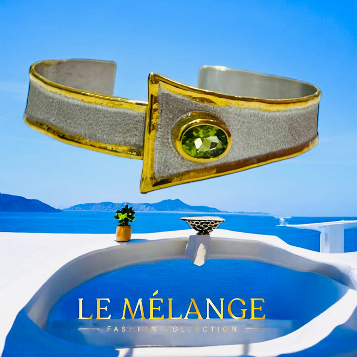 Handmade Greek bangle bracelet  in 950 Purity Silver Semi-precious stones“Peridot”