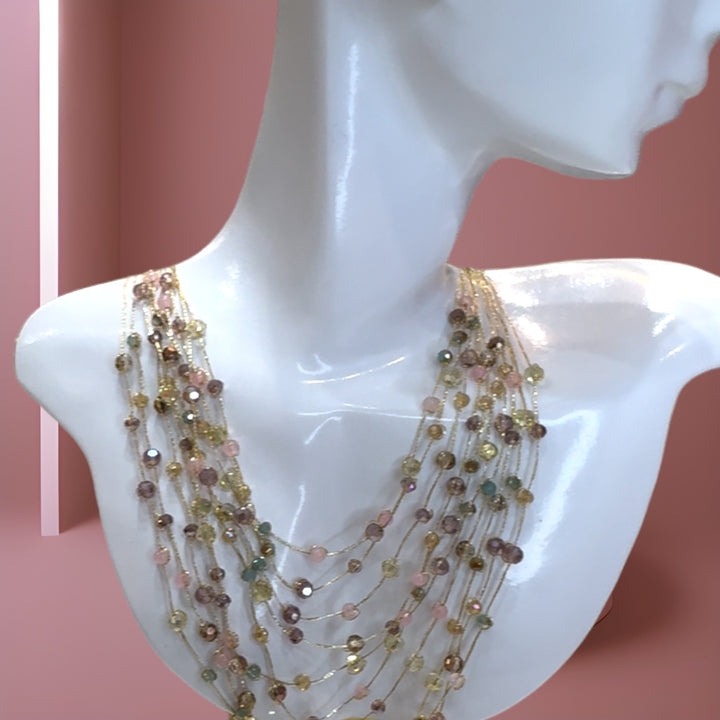 Luxe, delicate, multicolored semi-precious stones gold silk necklace.