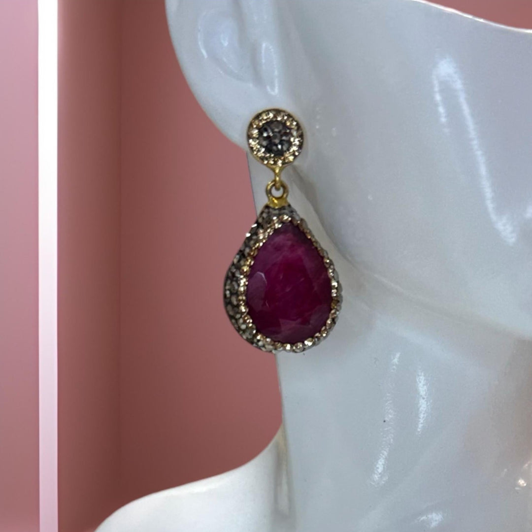 Silver Gold-Plated Ruby Teardrop Earrings