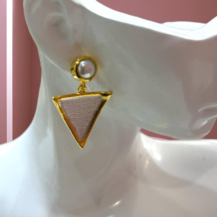 Artisan Geometric Silver Earrings with 24K Gold Overlay and Pearl Gemstone