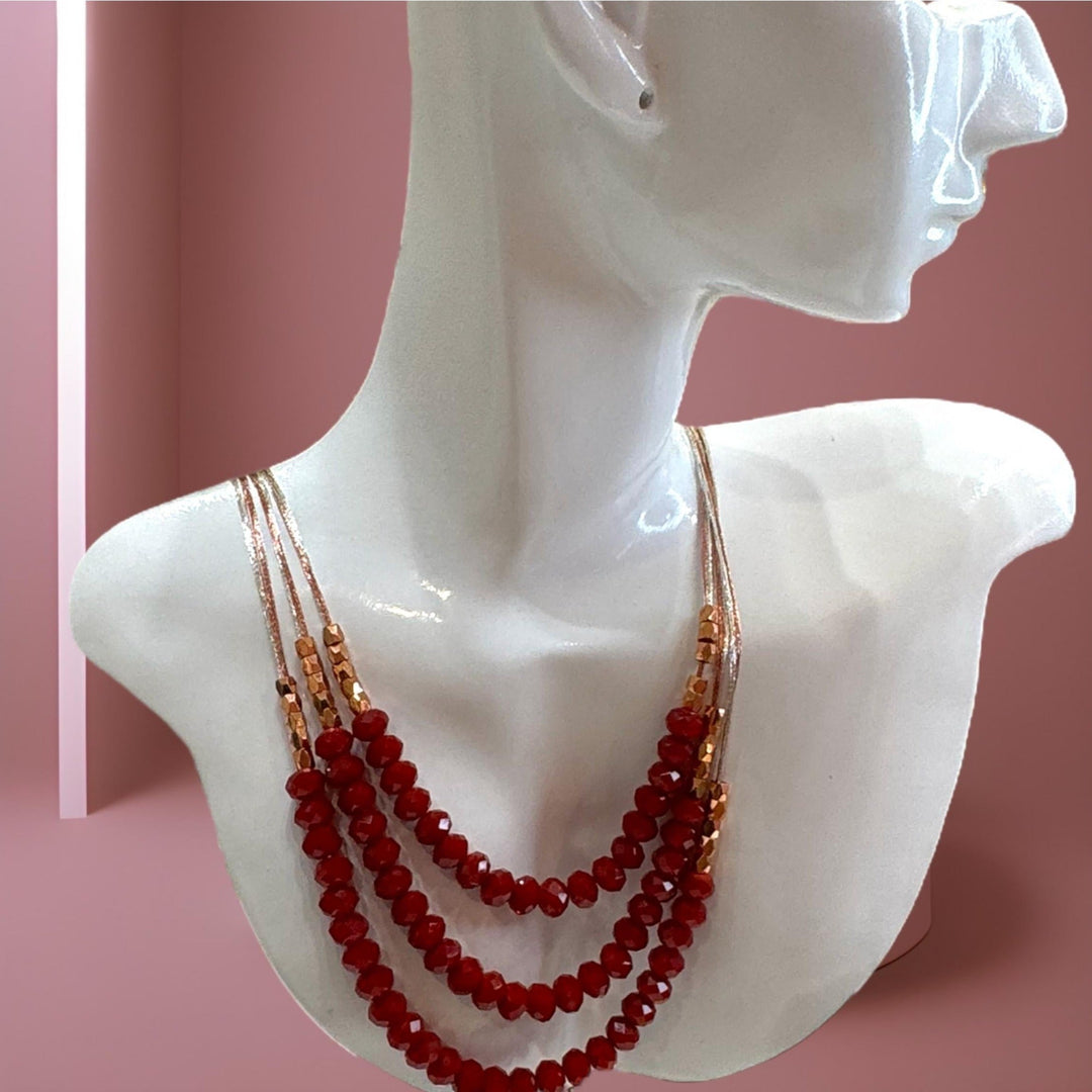 Triple Strands Rose Gold Silk Necklace with Red Crystals