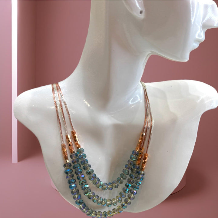 Triple Strands Rose Gold Silk Necklace with Sea Green Crystals