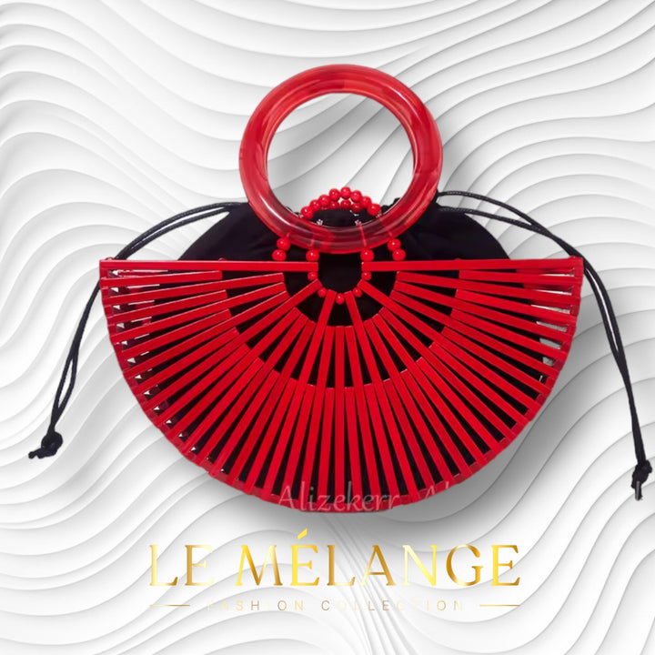 Red Half Round Bamboo Beach Handbag - Women