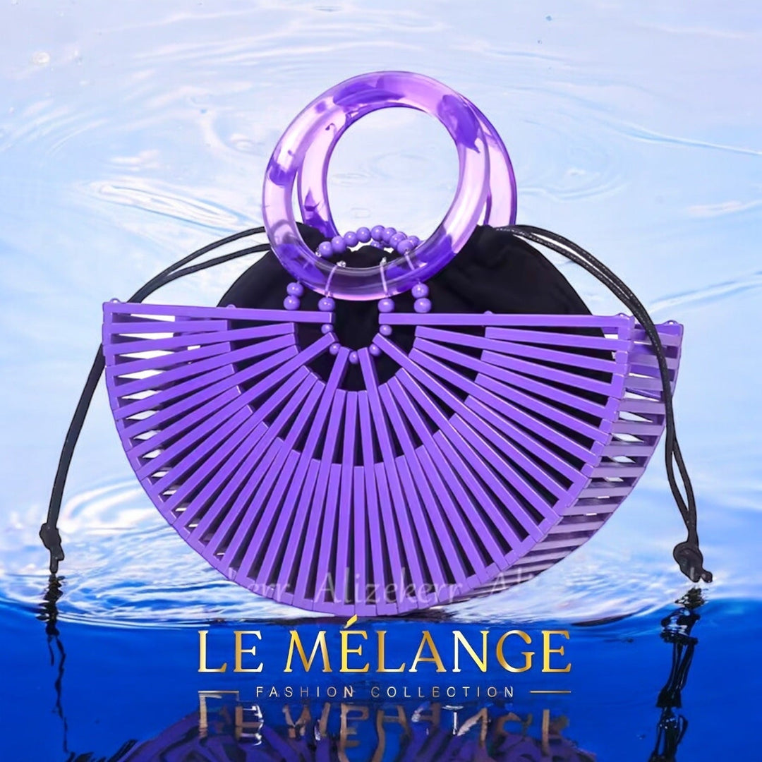 Purple Half Round Bamboo Beach Handbag - Women's Summer Hollow-Out Woven Straw Bag with Acrylic Handle