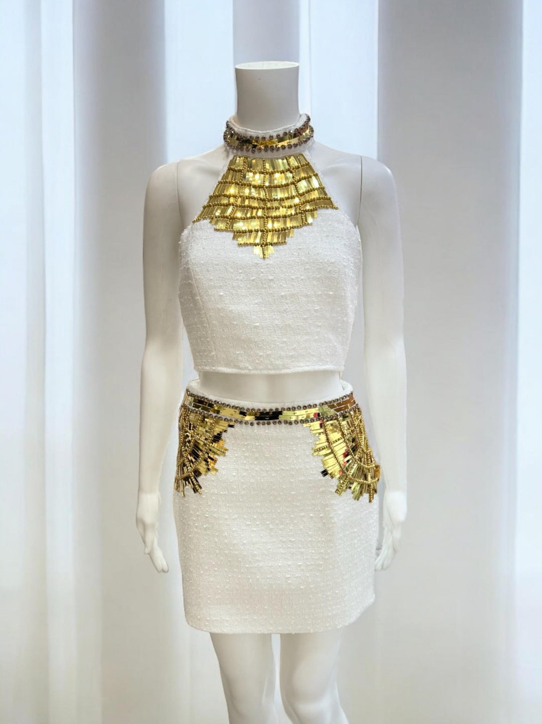 Dazz White and Gold Mirrored Sequins Mini Skirt and Top Set