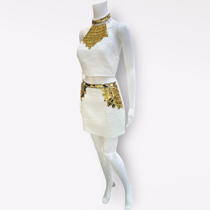 Dazz White and Gold Mirrored Sequins Mini Skirt and Top Set