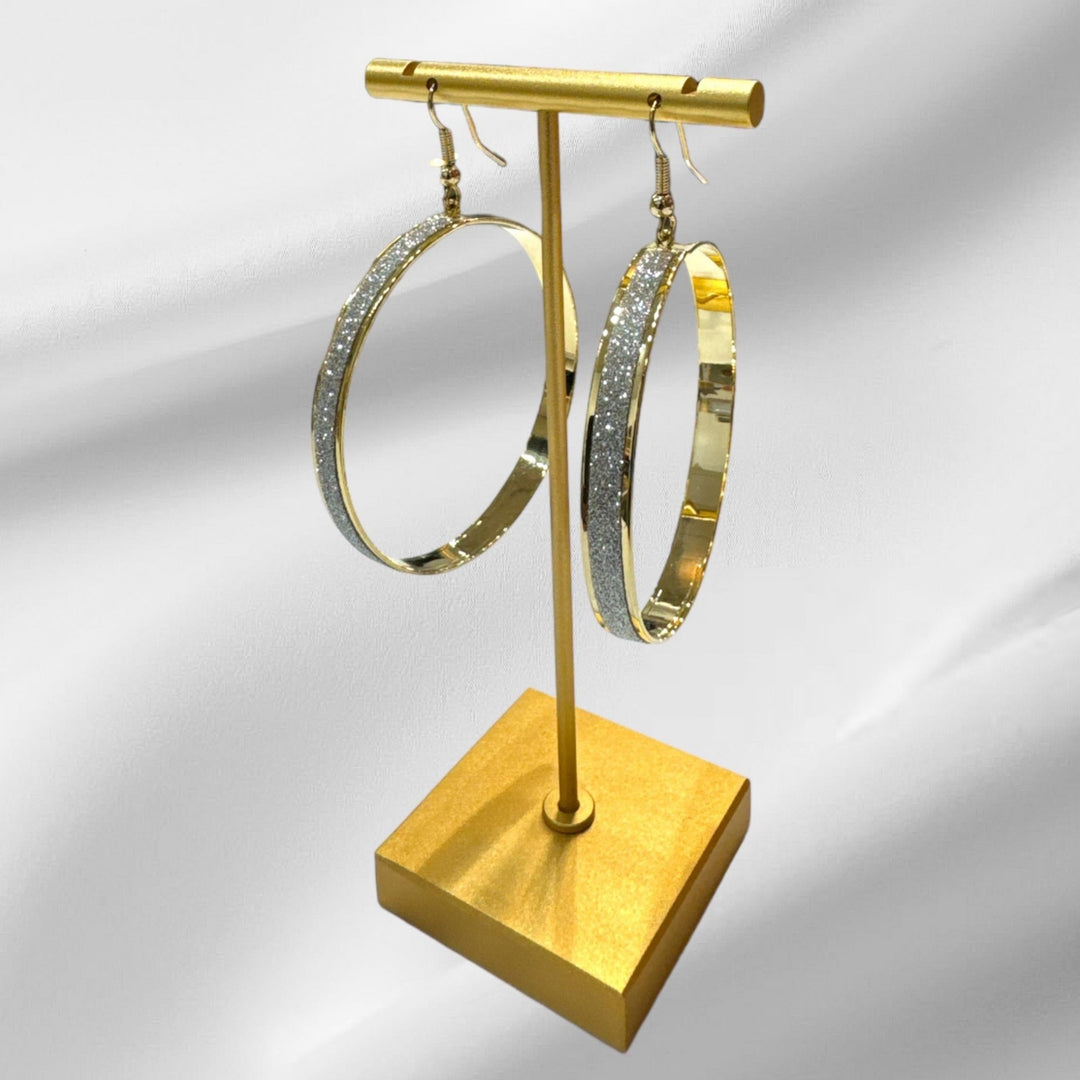 Stainless Steel Gold Hoop Earrings with Silver Shimmering Accent