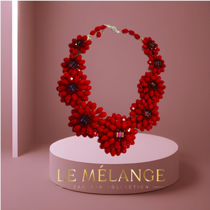 Red Hot Floral Crystal Necklace- Dazzling Statement Jewelry