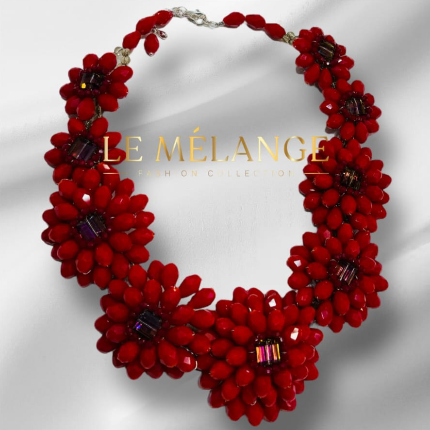 Red Hot Floral Crystal Necklace- Dazzling Statement Jewelry