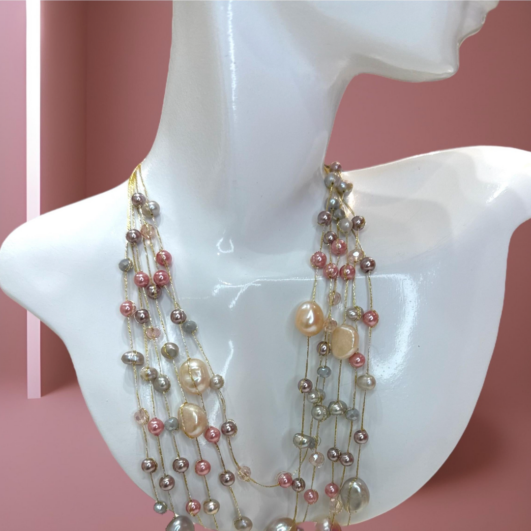 Gold Silk Necklace with Multicolored Freshwater Pearls and Crystals