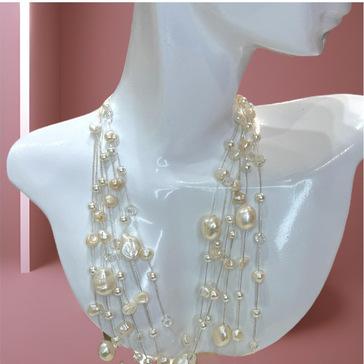 Silver Pure Silk Necklace with White Freshwater Pearls and Clear Crystals